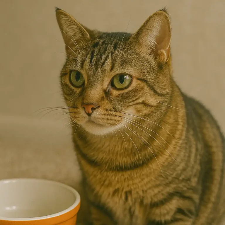 Cat sitting in front of a cat food bowl