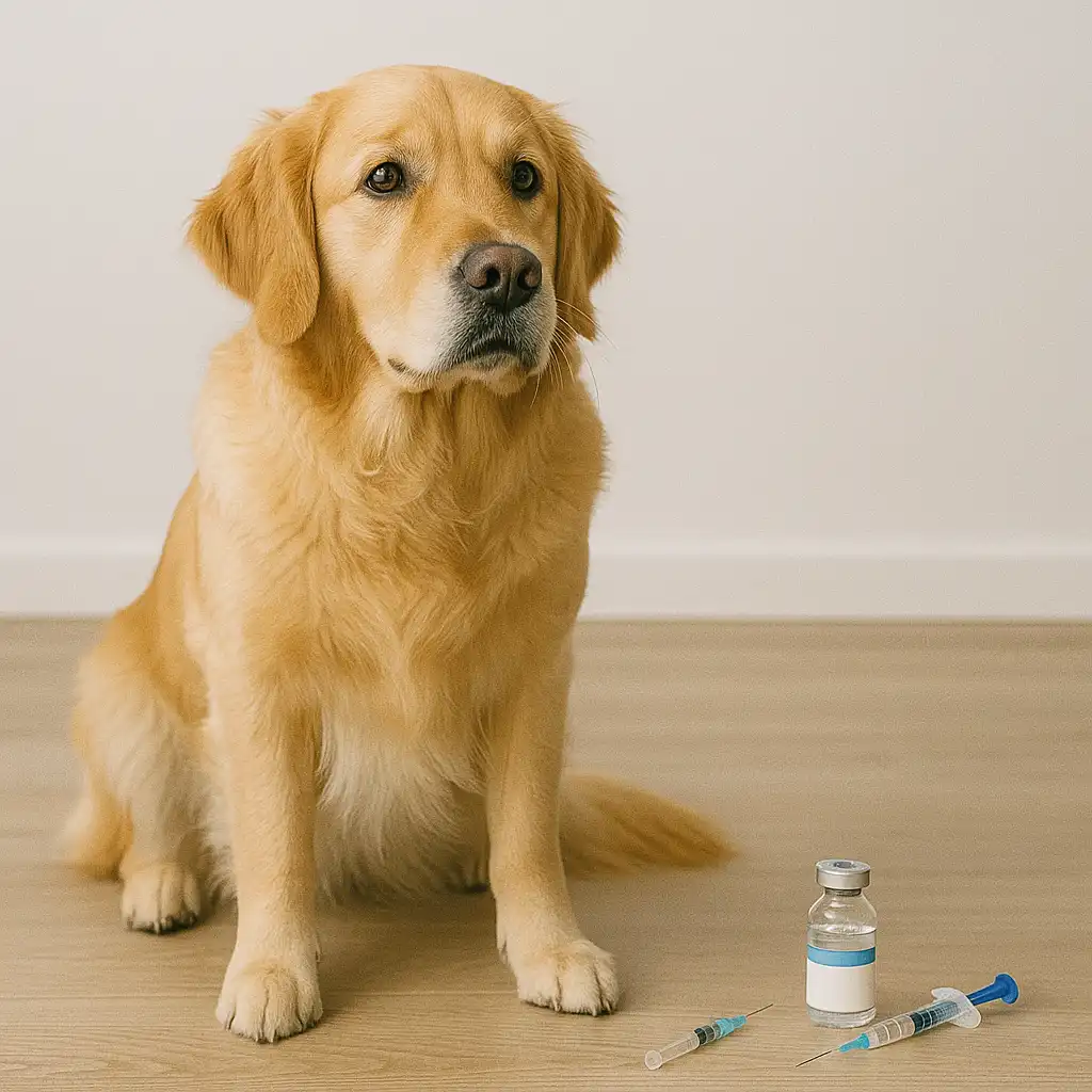 Dog sitting next to a vaccine vial and two syringes on a wooden floor